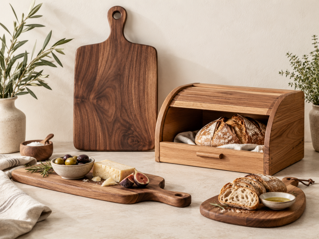 Handgefertigte Holzprodukte für die Küche mit Schneidebrett und Brotkasten aus Holz