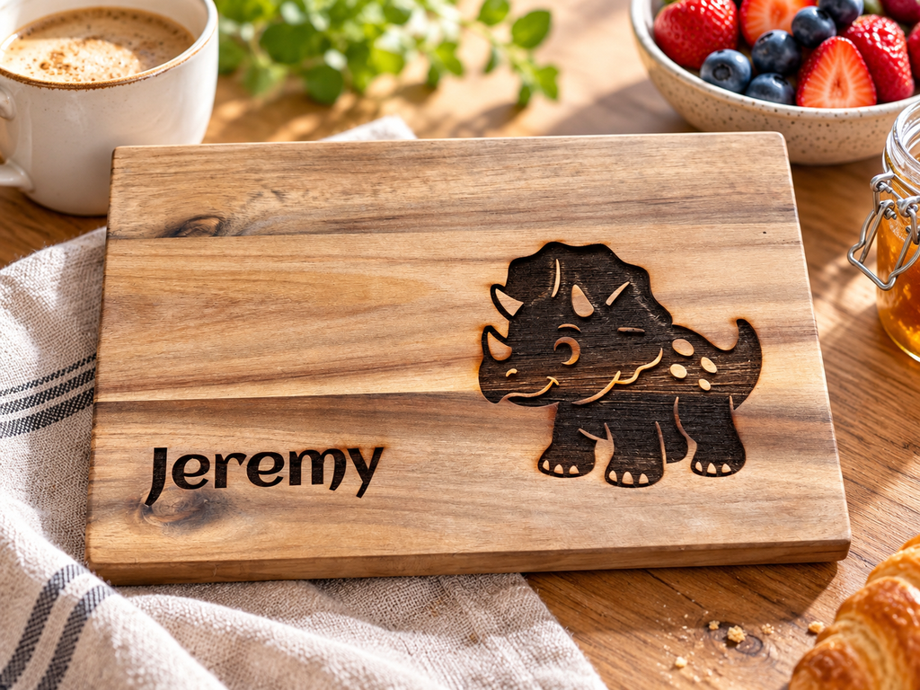 Personalisiertes Frühstücksbrettchen aus Holz mit Namensgravur und Dinosauriermotiv im Frühstücksambiente